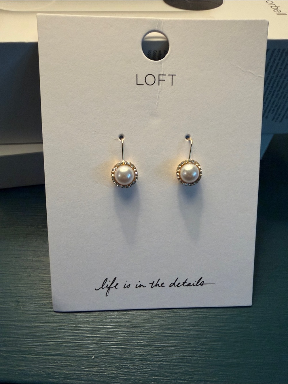LOFT Gold and Cream Pearl Drop Earrings with Rhinestone Halo